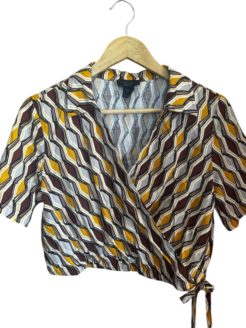 New RACHEL Rachel Roy Yellow and Brown Geometric Wrap Linen Top Tie Waist S NWOT - Picture 2 of 8